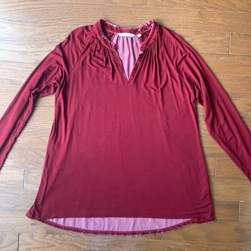 Soft Surroundings Crimson Red Jersey Long Sleeve Top w/ Velvet Trim Size Medium